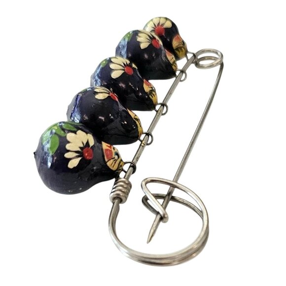 Blue Russian Doll Brooch Five Dangles Bar Pin, J28 - Picture 6 of 11